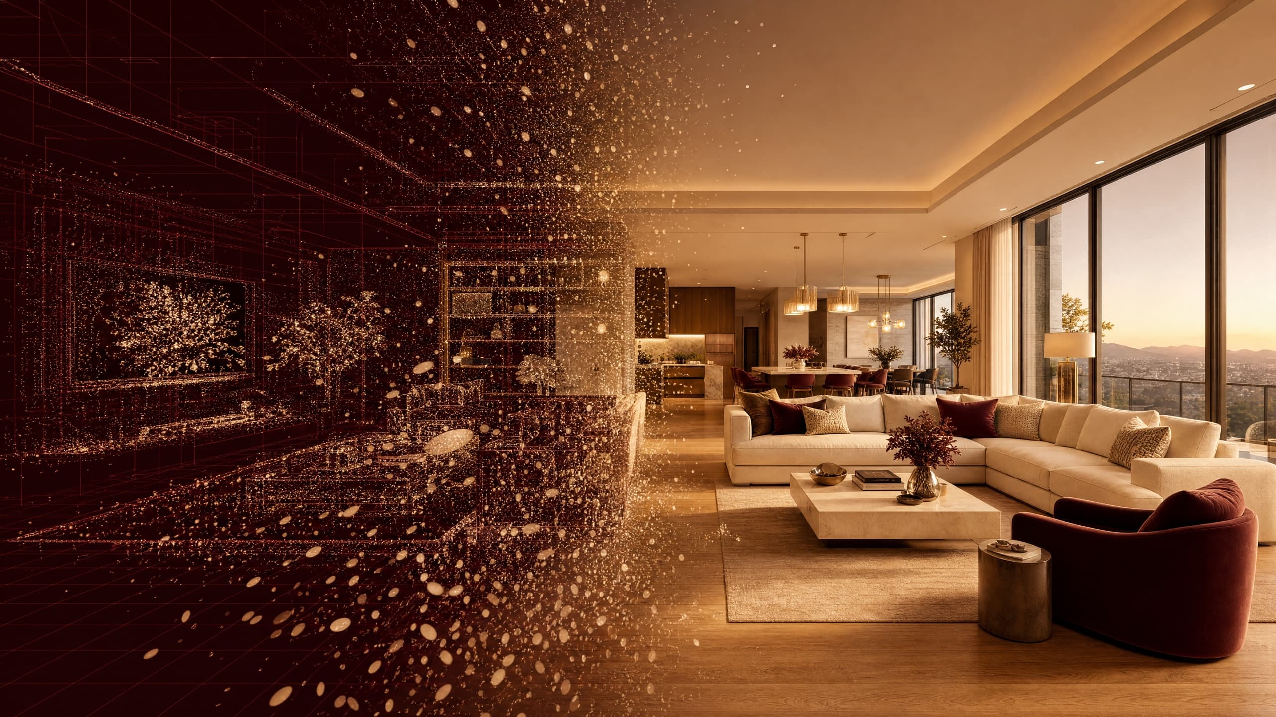 A living room rendered as a 3D Gaussian Splat, its point cloud resolving into a photoreal interior.